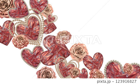 Frame of crystal hearts. Transparent bright pink-brown crystals. Horizontal watercolor template for wedding, Valentine's Day greetings, labels, stickers, scrapbooking, invitations, labels, valentines Frame of crystal hearts. Transparent bright pink-brown crystals. Horizontal watercolor template for wedding, Valentine's Day greetings, labels, stickers, scrapbooking, invitations, labels, valentines 123916827