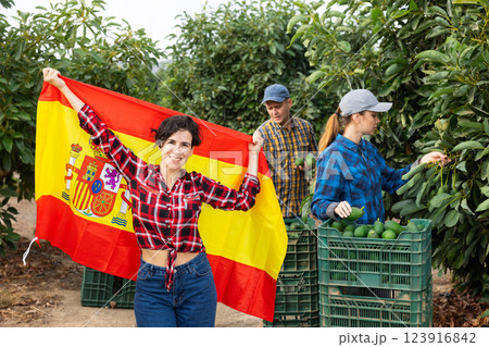 Girl football fan waving Spanish flag during avocado harvest 123916842
