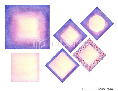 Frame of purple blue pink yellow abstract background with floral pattern of blooming pink cherry with blank beige letterhead inside. Set of watercolor template for menu, invitation, album, web design Frame of purple blue pink yellow abstract background with floral pattern of blooming pink cherry with blank beige letterhead inside. Set of watercolor template for menu, invitation, album, web design 123916881