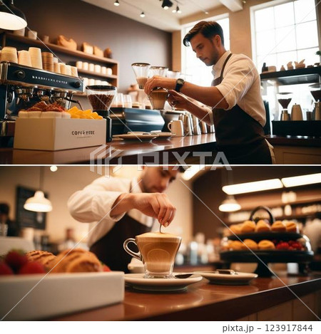 カフェ仕事中のバリスタ カフェ仕事中のバリスタ 123917844
