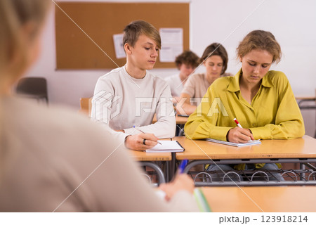 Group of school kids and teacher during lesson 123918214