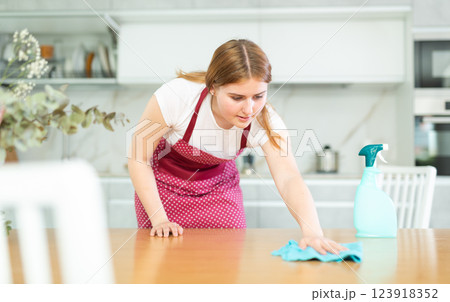 in kitchen,positive woman hostess in carved apron holds rag in hands and cleans surface of table in kitchen,positive woman hostess in carved apron holds rag in hands and cleans surface of table 123918352