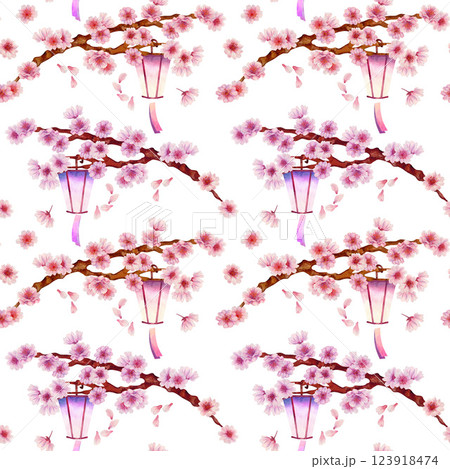 Branches of a blooming pink flowers with a burning Japanese lantern. Seamless pattern of sakura 123918474