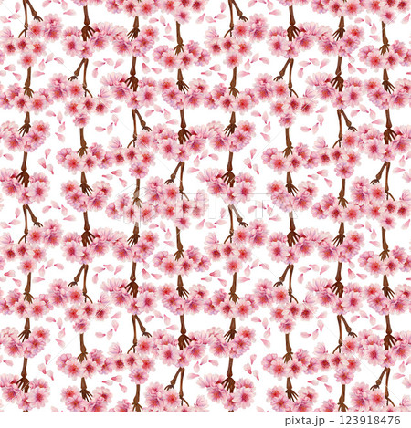 Pink blossoming branches of a blooming flowers. Seamless pattern of cherry, apple, almond flowers 123918476