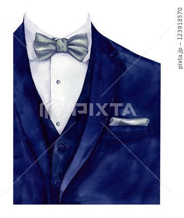 Men's blue jacket with shirt, tie, bow tie, handkerchief. Watercolor template of men's wardrobe. Guide to color combinations of men's suit and tie. Fashionable gentleman's clothes for wedding, prom. 123918570