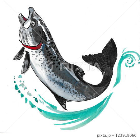 Jumping salmon fish. Hand drawn watercolour illustration 123919060