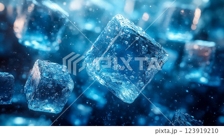 Crystal-clear ice cubes suspended in mid-air with frozen water droplets, illuminated by blue light in a surreal icy environment 123919210