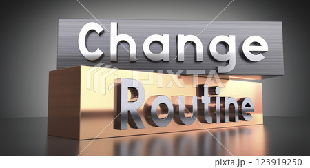 Routine, change - words on metal blocks - 3D illustration 123919250