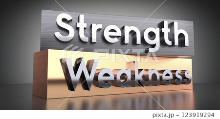 Strength, weakness - words on metal blocks - 3D illustration Strength, weakness - words on metal blocks - 3D illustration 123919294