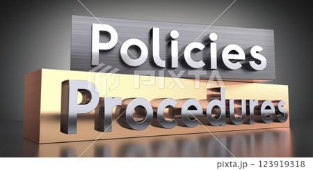 Policies, procedures - words on metal blocks - 3D illustration 123919318
