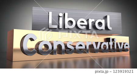 Liberal, conservative - words on metal blocks - 3D illustration 123919321