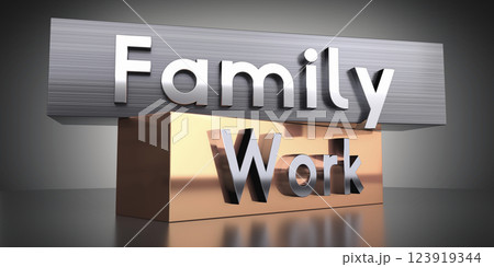 Family, work - words on metal blocks - 3D illustration 123919344