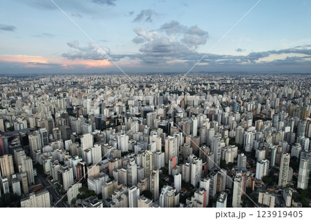 Expansive view of Sao Paulo skyline at dusk showcasing urban density 123919405