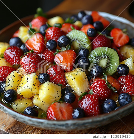 Colorful fruit salad featuring strawberries, blueberries, kiwi, and pineapple arranged beautifully on a rustic wooden table Colorful fruit salad featuring strawberries, blueberries, kiwi, and pineapple arranged beautifully on a rustic wooden table 123919430