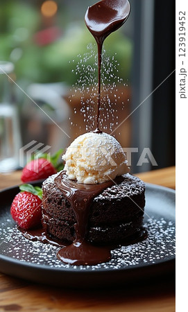 Decadent chocolate lava cake topped with vanilla ice cream and fresh strawberries served in a cozy cafe setting 123919452