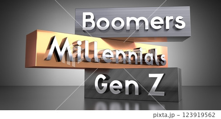 Boomers, Millennials, Gen Z - words on metal blocks - 3D illustration Boomers, Millennials, Gen Z - words on metal blocks - 3D illustration 123919562