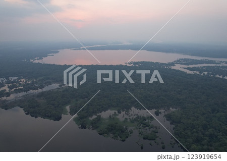 Aerial view of lush rainforest and tranquil waters during sunset Aerial view of lush rainforest and tranquil waters during sunset 123919654