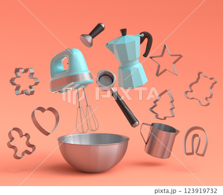 Metal bowl with electric mixer and cookie cutters on orange background Metal bowl with electric mixer and cookie cutters on orange background 123919732
