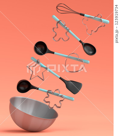 Metal bowl with bowl and cookie cutters on orange background 123919734