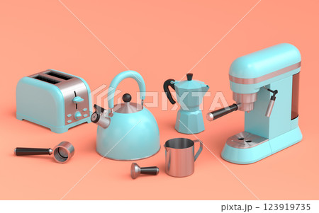Espresso coffee machine, hand mixer, kettle and toaster on orange background. Espresso coffee machine, hand mixer, kettle and toaster on orange background. 123919735
