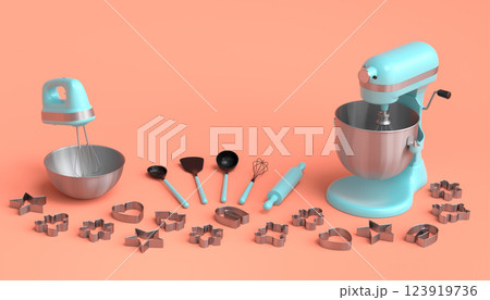 Mixer and bowl with kitchen utensil for preparation of dough on orange 123919736