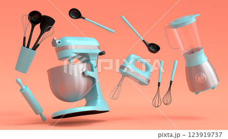 Mixer and bowl with kitchen utensil for preparation of dough on orange 123919737
