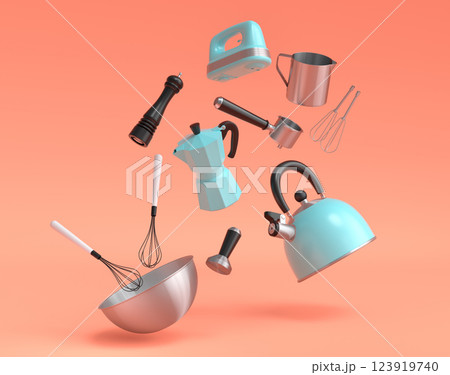 Metal bowl with electric mixer and cookie cutters on orange background 123919740