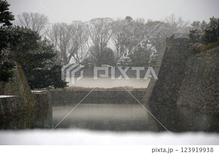 雪の二条城　内堀と本丸石垣　京都市中京区 123919938