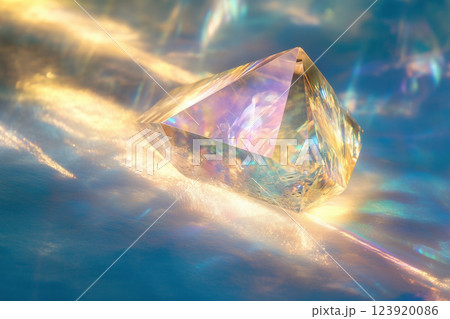 Pastel-colored sunbeam refracting through a crystal, creating a spectrum of light reflections on a smooth surface 123920086