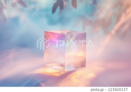 Translucent pastel prism resting on soft surface reflecting light in vibrant hues during serene atmosphere 123920137
