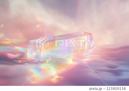 Translucent pastel prism resting on a soft surface reflecting a spectrum of colors in gentle light 123920138