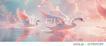 Celestial sugar swans gracefully gliding across pastel waters under a dreamy sky at twilight Celestial sugar swans gracefully gliding across pastel waters under a dreamy sky at twilight 123920160