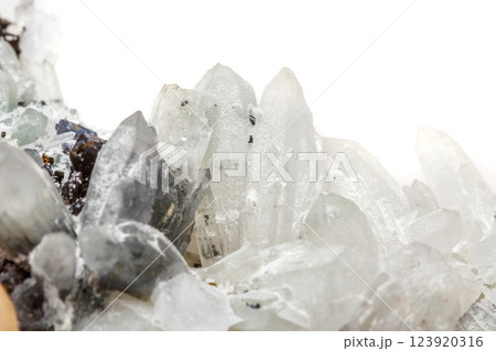 Macro mineral stone Drusus quartz with sphalerite in the rock a white background Macro mineral stone Drusus quartz with sphalerite in the rock a white background 123920316