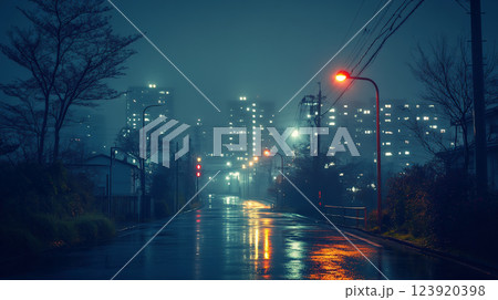 雨に濡れる静かな夜の街並みと高層ビル 123920398