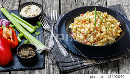 macaroni salad with celery, eggs, red bell pepper macaroni salad with celery, eggs, red bell pepper 123920404
