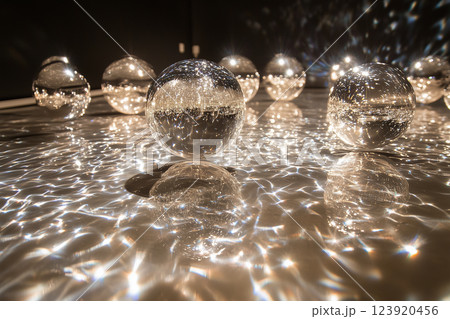 Intriguing display of inverted gravity wells with small glowing spheres reflecting shimmering light in dimmed room 123920456