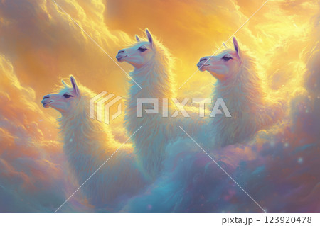 Luminous llama clouds create a dreamy pastel landscape filled with fluffy creatures at sunset 123920478