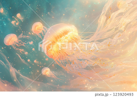 Enormous moonflower jellyfish gracefully dancing in a vibrant underwater ballet with ethereal lights 123920493
