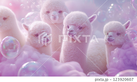 Ethereal bubble alpacas float gracefully amidst a dreamy pastel environment filled with fluffy clouds and glimmering spheres 123920607