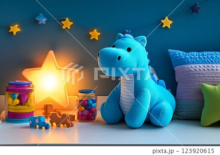 A cozy children's room with a plush blue dinosaur, glowing star-shaped lamp, and colorful toys A cozy children's room with a plush blue dinosaur, glowing star-shaped lamp, and colorful toys 123920615