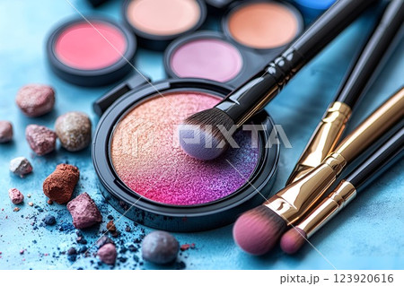 A creative and artistic makeup setup featuring a gradient blush compact, brushes, and scattered pigments on a surface A creative and artistic makeup setup featuring a gradient blush compact, brushes, and scattered pigments on a surface 123920616