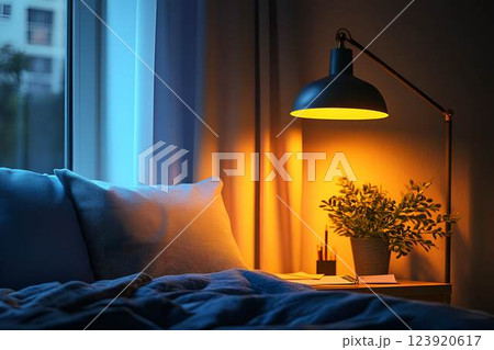 A warm and cozy bedroom corner with bedside lamp casting golden light on bed with blue pillows and desk with stationery A warm and cozy bedroom corner with bedside lamp casting golden light on bed with blue pillows and desk with stationery 123920617