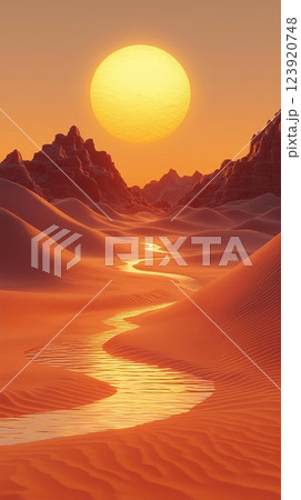 Sunset over a winding river in a golden desert landscape with mountains in the background 123920748