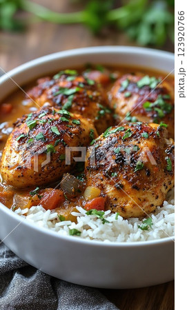 Savory spiced chicken served on a bed of fragrant rice with fresh herbs and vegetables 123920766