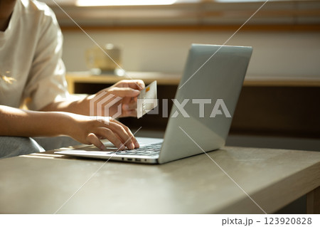 Close up of woman holding a credit card and using laptop for an online purchase at home Close up of woman holding a credit card and using laptop for an online purchase at home 123920828
