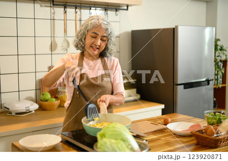 Happy senior woman preparing a healthy meal in a warm kitchen 123920871