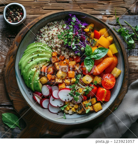 Vegan Bowl with Fresh Vegetables and Quinoa on Wooden Table Vegan Bowl with Fresh Vegetables and Quinoa on Wooden Table 123921057