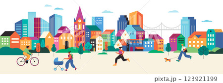 Colorful Urban Public Space. People Walking, Jogging, and Cycling in a City Square. Colorful Urban Public Space. People Walking, Jogging, and Cycling in a City Square. 123921199