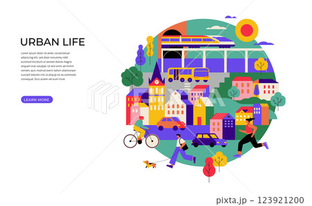 Colorful Urban Life Illustration. Modern Cityscape with People, Transportation, and Skyscrapers. 123921200