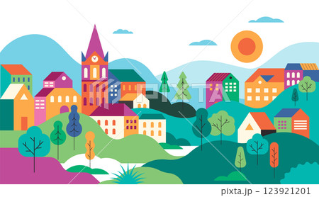Colorful Countryside Landscape. Scenic Village with Hills, Trees, and Traditional Houses. 123921201